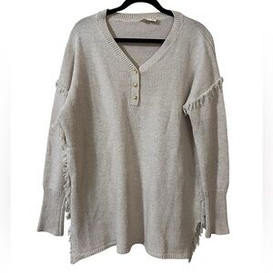 Ninexis tan v-neck long sleeve button detail fringe sweater